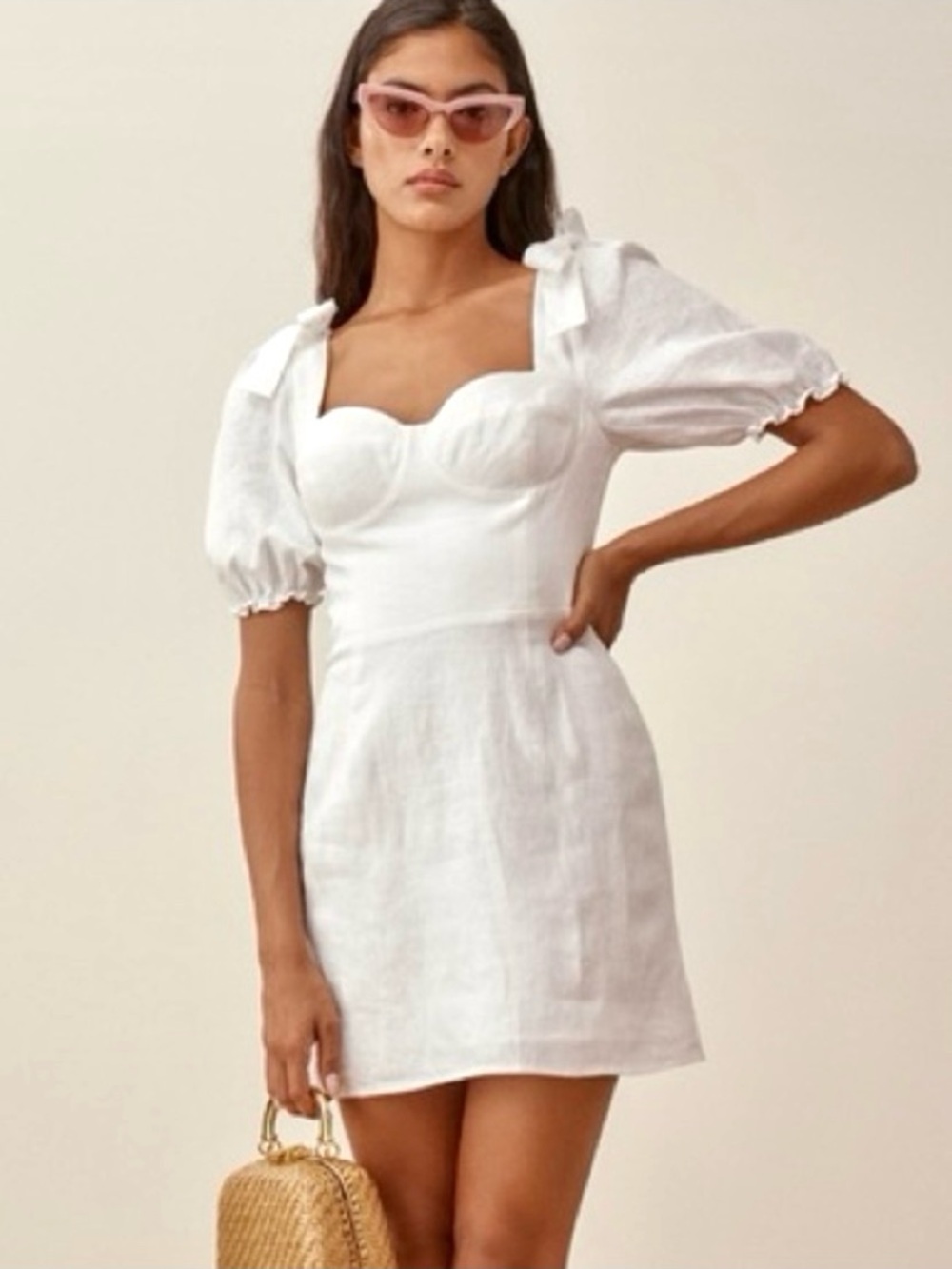 Reformation Linen Puff Sleeve White Mini Dress